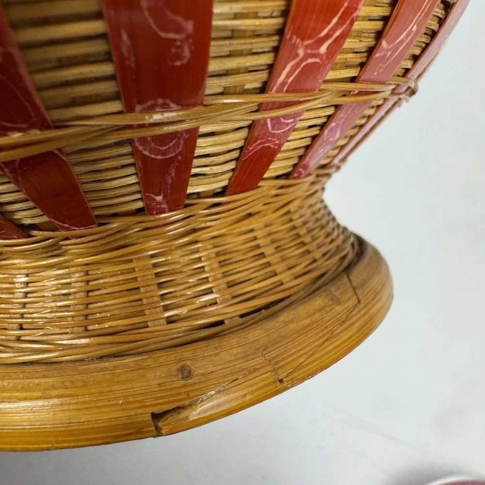 Vtg Wicker Rattan Vase Red Bamboo Inlay Boho Tropical Tiki Decor